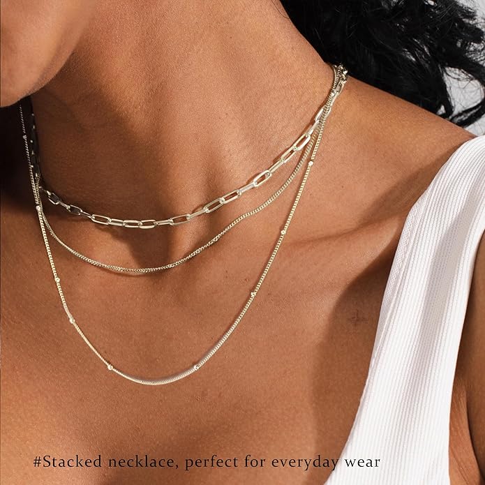 3PCS Gold Necklaces for Women,Chunky Statement Gold Plated Necklace Stack Layered Sterling Silver Herringbone Chains for Women Dainty Trendy Silver Chains Stacked Jewelry Gifts