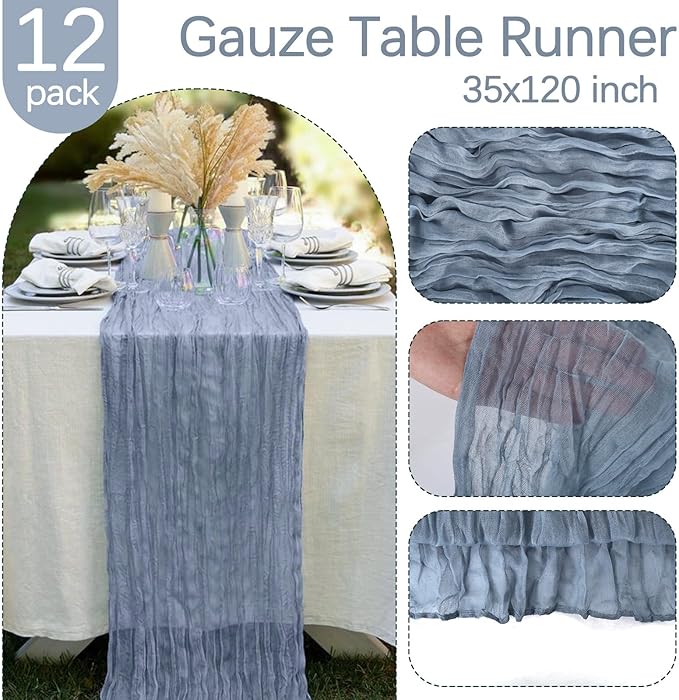 12 Pack Dusty Blue Cheesecloth Table Runner 10FT Boho Gauze Fabric Table Runner 35 x 120 Inch Rustic Sheer Runner for Centerpiece Wedding Decor Party Boho Table Decoration（Dusty Blue）