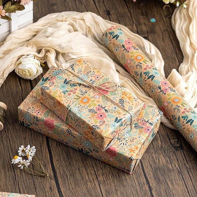 MAYPLUSS Colorful Floral Kraft Wrapping Paper Roll - 17Inch x 16.5Feet - Garden Boho Flower Gift Wrap Paper Spring Summer Blooms Sheet for Wedding, Bridal Shower, Birthday and Engagement