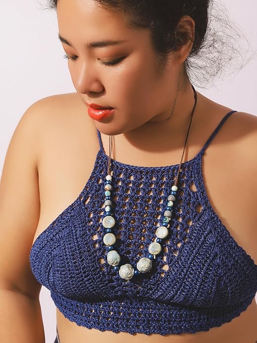 MINACHI Boho Hippie Round Ceramic Beads Strand Necklace, Vintage Bohemian Summer Beach Jewelry Gift for Women