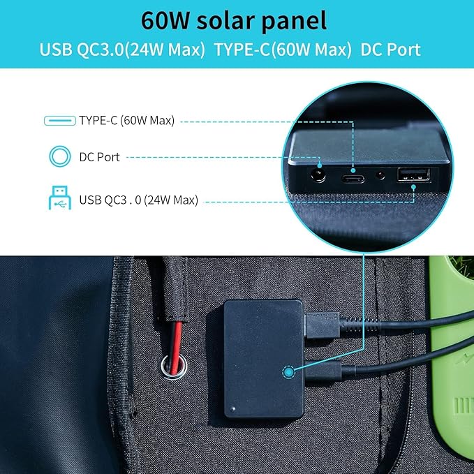 BLUERISE 60W Solar Panel Monocrystalline ETFE Cover Portable Foldable Solar Charger for Portable Power Station Generator, iPhone, Ipad, Laptop USB QC 3.0, Typc C Output for Outdoor Camping Van RV Trip