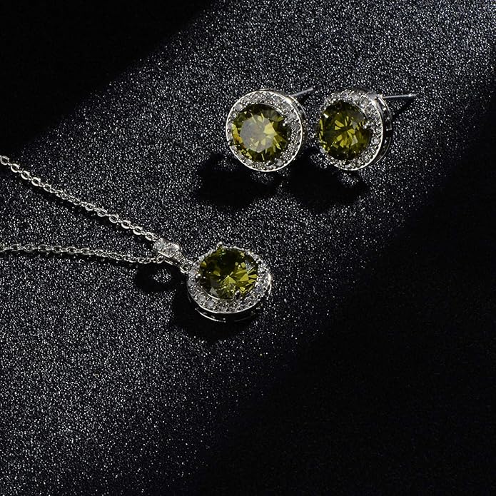 Bridal Crystal Jewelry Set - Sterling Silver Round Cubic Zirconia CZ Rhinestone Halo Birthstone Pendant Necklace Stud Earrings Set for Wedding Bride Bridesmaids Birthday Gift