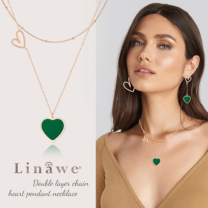 Linawe Layered Choker Heart Pendant Necklace for Women Trendy, Gold/Silver/Rose Gold Chain Stainless Steel Stacked Necklaces, Double Heart Necklace Y2K Preppy Jewelry