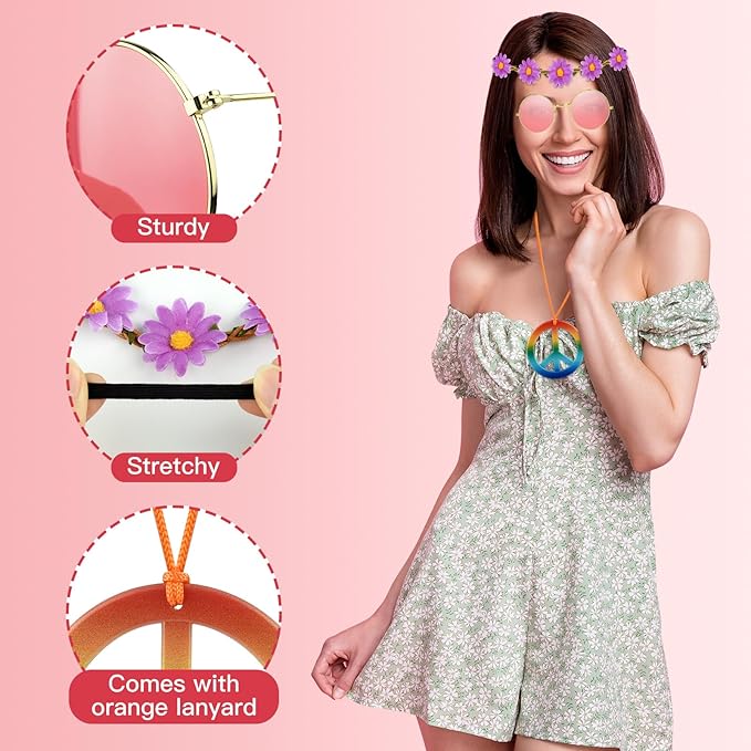 NEBURORA Hippie Costume Accessories Set 60s 70s Daisy Headband Peace Sign Necklaces Hippie Sunglasses for Carnival Party