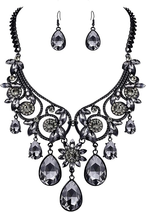 BriLove Women's Tribal Ethnic Crystal Chunky Statement Necklace Dangle Earrings Set