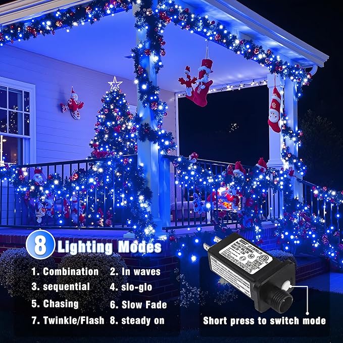800 LED Christmas Lights Outdoor Indoor, String Lights for Outside with 8 Modes Waterproof, Plug in Twinkle Light Clear Wire for Xmas Wedding, House, Party Decorations, Blue