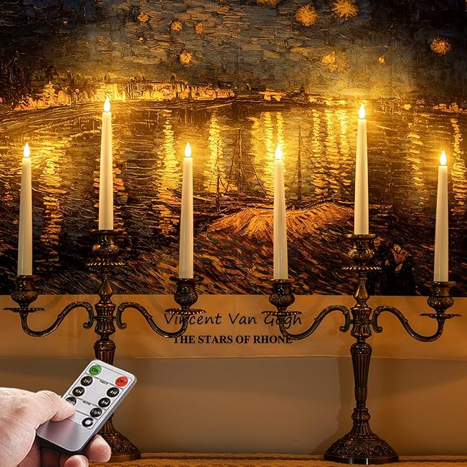 Homemory 2 Pcs Waxy Flameless Taper Candles with Remote, Led Flameless Candlesticks Classic Tall Candle, Flickering Battery Operated Taper Candles for Bedroom, Dining Room, White, 9.6 inches