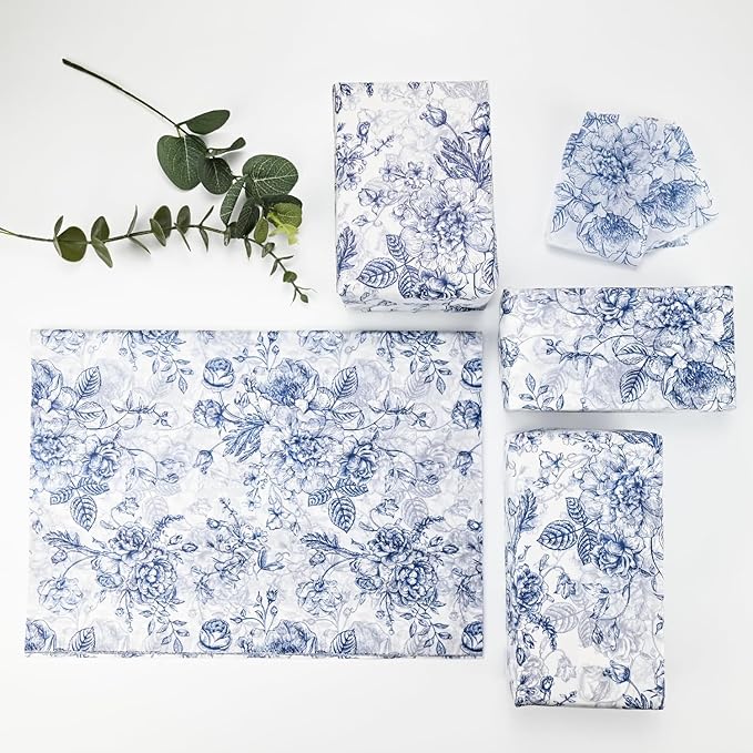 100 Sheets Blue Flower Gift Wrapping Tissue Paper Recyclable Greenery Botanical Packaging Bag for Wedding Birthday Showers Art Craft Party Favor Decoration