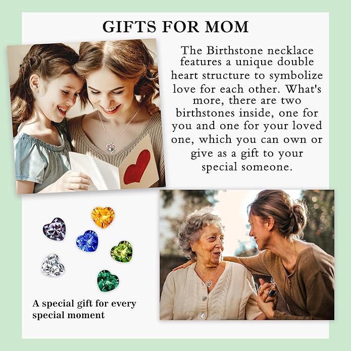 Iefil Valentines Gifts for Her Wife Women - Rose Heart Double Birthstone Necklace Gift for Wife Girlfriend Her Women, Birthstone Jewelry Gemstone Birthday Gifts for Mom Grandma Her