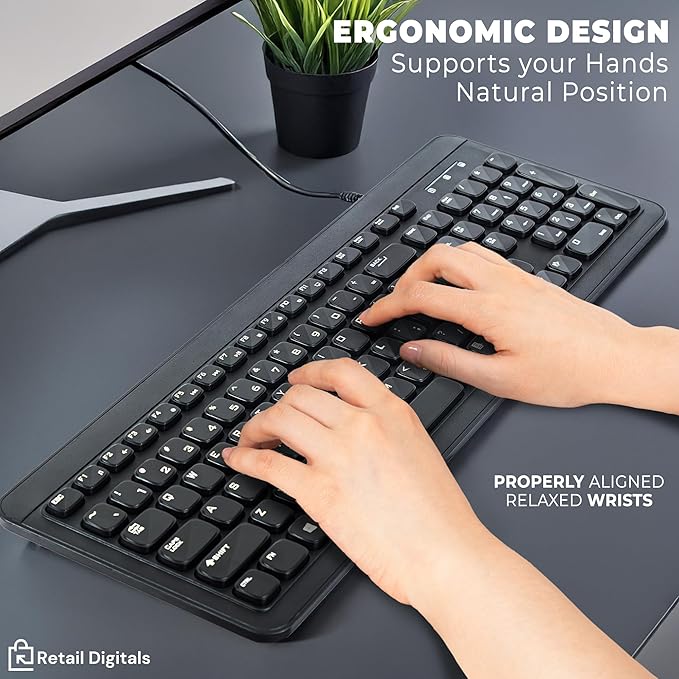 Wired USB Keyboard | Full-Sized | Ergonomic | Soft Typing | QWERTY Layout | Black