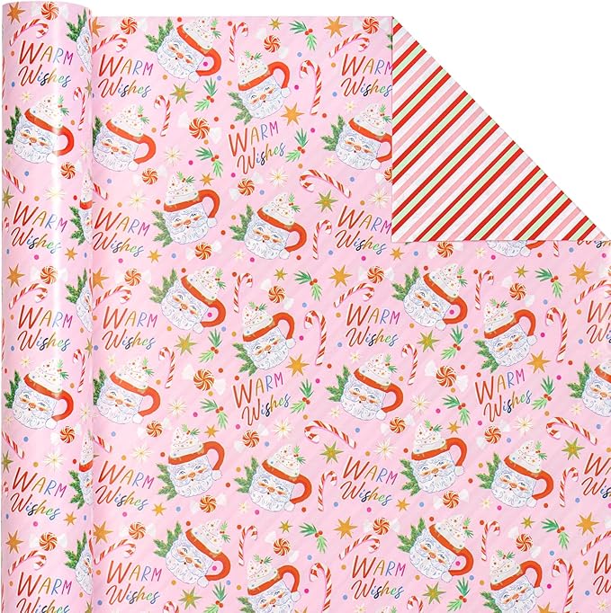 WRAPAHOLIC 30 Inch Jumbo Reversible Christmas Wrapping Paper - 30 Inch x 33 Feet - Santa Claus Cup and Stripe Wrapping Paper for Chrsitmas, Holiday, Party Celebration