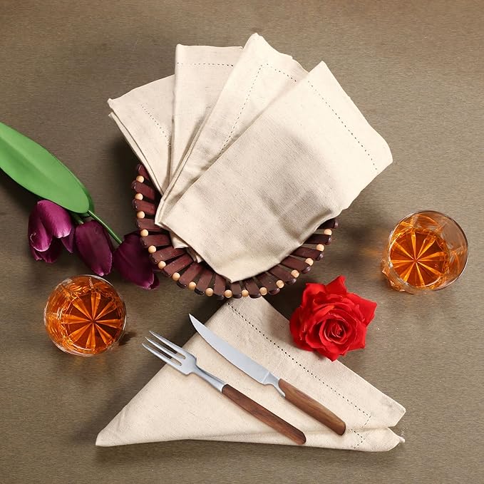 LFH Home Cloth Dinner Napkin Textured Cotton Flax Linen Hemstitched Napkin Set of 12, Machine Washable for Farmhouse, Living Room, Christmas, Family Gathering, 18x18 Inch Natural