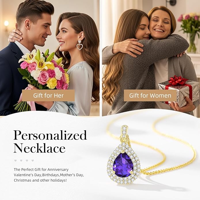 Valentine's Day Gift for Wife/Her-18K Gold Plated Teardrop Birthstone Necklace- with Light-Up Gift Box,Jewelry for Women,Anniversary Birthday Gifts for Women Her Wife Girlfriend Mom,Womens Jewelry