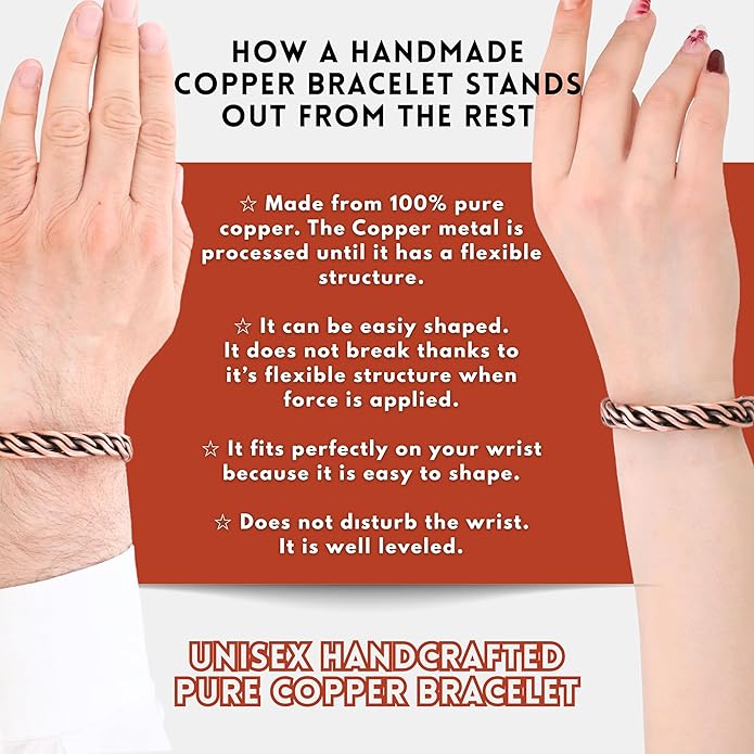 Handmade Elegant Copper Bracelet for Women and Men-Pure Copper Bracelet for Pain Relief and Stress Relief-Adjustable, Thickest, Twisted Copper Wire Bracelet to Fit many Size Wrist(folded)
