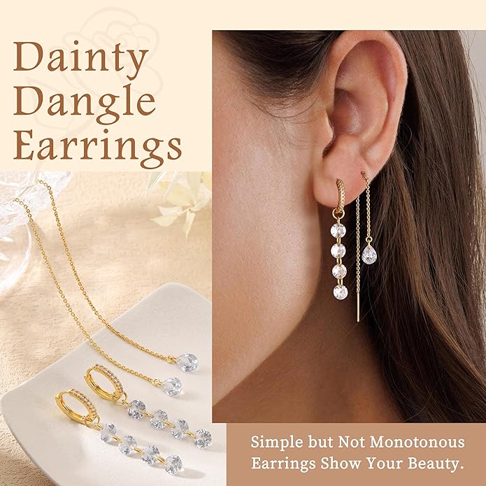 Dangle Earrings For Women Trendy 14K Gold Plated Drop Silver Long Dangling Dainty CZ Simple Hanging Jewelry