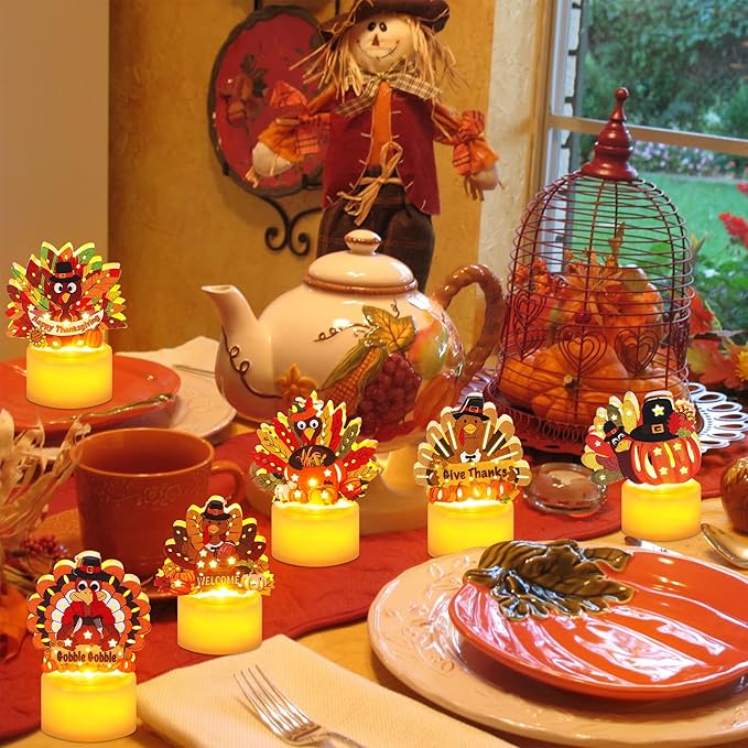 6 PCS Thanksgiving Table Decorations Turkey LED Flameless Candles Battery Operated Thanksgiving Turkey Tea Lights Small Candles Thanksgiving Decorations Turkey Centerpieces for Table Home Indoor Party