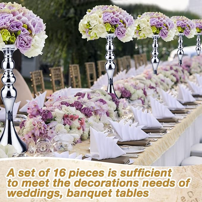 Sadnyy 16 Pcs Metal Flower Arrangements Stand Metal Wedding Centerpiece Stand Tall Table Decor Flower Vase for Wedding Reception Centerpieces Event Party Hotel Home Decor(15 Inch,Silver)