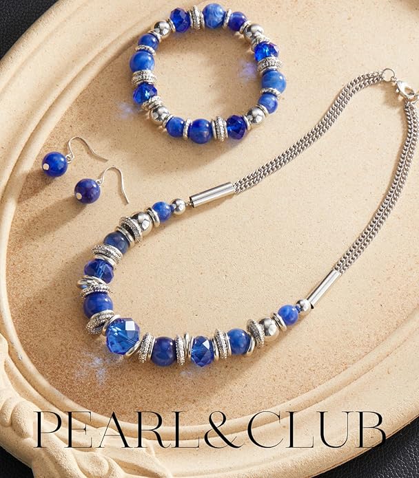 PEARL&CLUB Silver Beaded Statement Necklaces for Women Chunky Bead Necklace Bracelet and Earring Costume Jewelry Sets Gifts for Mom