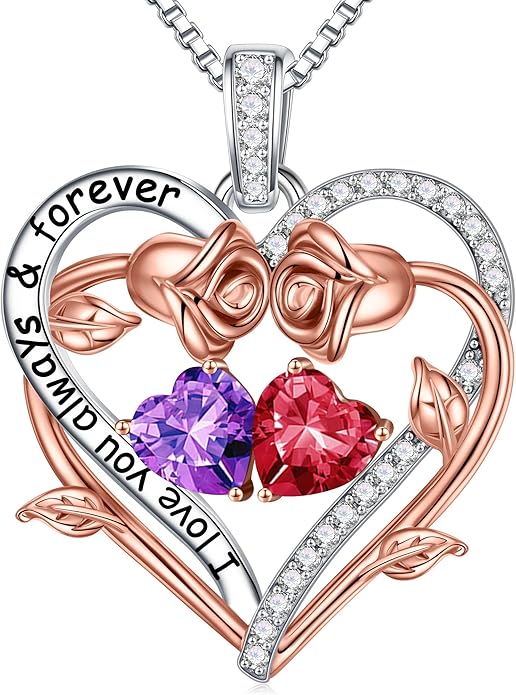 Iefil Valentines Gifts for Her Wife Women - Rose Heart Double Birthstone Necklace Gift for Wife Girlfriend Her Women, Birthstone Jewelry Gemstone Birthday Gifts for Mom Grandma Her