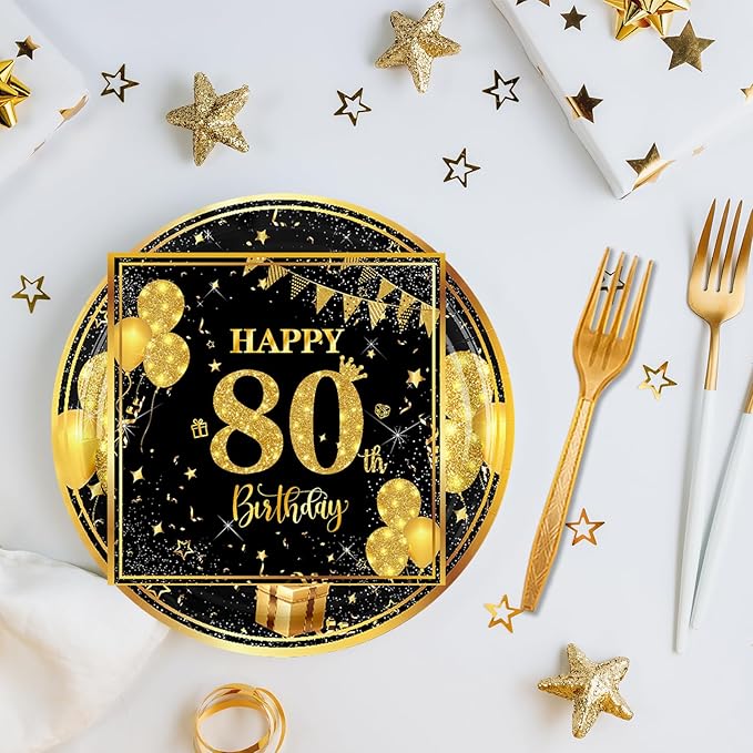 80th 7 inch Birthday Party Paper Plates and Napkins Forks 60 pcs Black Gold Birthday Decorations for Boys Girls Tableware Set for Anniversary Party Supplies,Serve 20