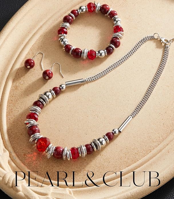 PEARL&CLUB Silver Beaded Statement Necklaces for Women Chunky Bead Necklace Bracelet and Earring Costume Jewelry Sets Gifts for Mom