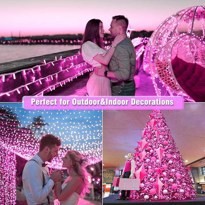 800 LED Pink Christmas Lights Outdoor 262FT Pink String Lights 8 Modes Clear Wire, Plug in Waterproof Twinkle Fairy Lights for Bedroom Indoor Wedding Christmas Party Decorations