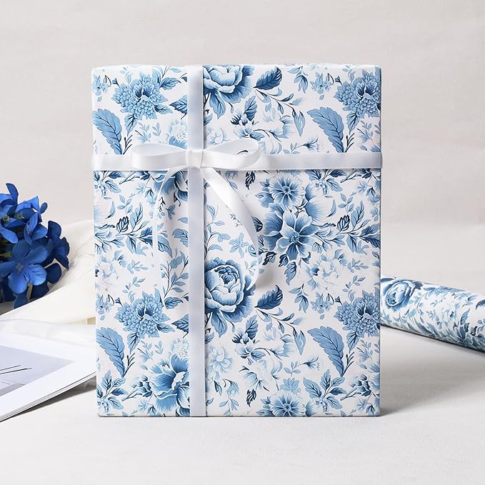 BIOBROWN Floral Wrapping Paper Roll - 17 Inches X 33 Feet (47 sq. ft. ttl.) Blue White Peony Design Chinoiserie Flower Gift Wrap Stone Paper for Wedding, Bridal Shower Favors, Mother's Day