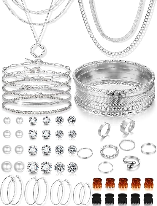 Valentines Gifts -56 Pcs Gold Jewelry Set for Women with 5Pcs Layered Necklace, 5Pcs Layered Necklace, 12 Bracelets, 4 Hoop Earrings, 8 Stackable Rings, 10 hairpins, 12 Studs Earrings Jewerly set for Women