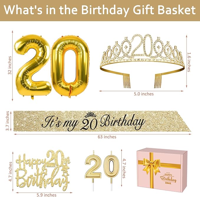 20th Birthday Decorations for Women Gold with 20th Birthday Tiara and Sash, Cake Topper and Candles, Number Balloons, 20 Year Old Gifts for Women