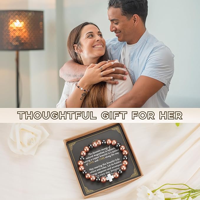 Copper Bracelets for Women, Cross Charm Magnetic Bracelets for Women Copper Jewelry Pulsera de Cobre Para lujer Christian Jewelry with 3500 Gauss Magnetic Bead Valentines Day Gifts for Her