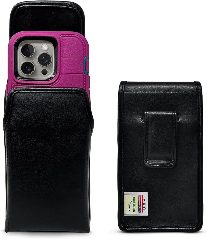 Turtleback Belt Holder for iPhone 16 Pro, 16e, 15 pro 14 Pro 13 Pro -Large- Fits w/Defender Bulky Style Cases, Premium Black Leather Vertical Holster, Magnetic Closure Leather Wrapped Belt Clip
