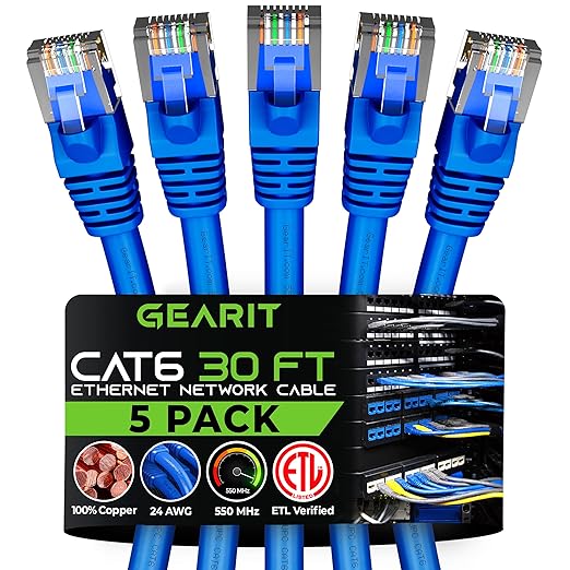 GEARit Cat 6 Ethernet Cable Pack - 5-Pack 30 ft Cat6 Ethernet Patch Cables | RJ45 Network Patch Cable, 10 Gbps Snagless Gold-Plated Connectors - Ethernet Cable Cat 6 for PC, TV, Router - Blue