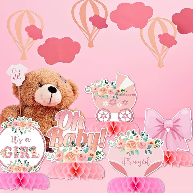 12 Pcs Baby Shower Decorations for Girl Glitter Pink Honeycomb Centerpieces for Baby Shower Table Decorations It's a Girl Centerpiece Decor Party Supplies