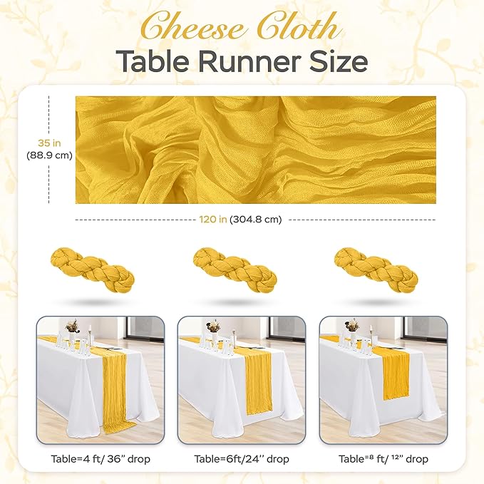 Cheesecloth Table Runner 3 Pack – 35x120 Inch (10ft) Boho Rustic Gauze Cloth Runners – Crinkle Polyester Table Decor for Wedding, Baby Shower, Bridal Shower, Birthday Party and More (Gold Yellow)