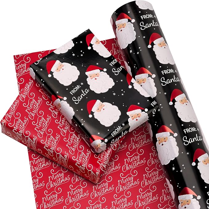 WRAPAHOLIC 30 Inch Jumbo Reversible Vintage Christmas Wrapping Paper - 30 Inch x 100 Feet Jumbo Roll Black Jolly Santa Wrapping Paper and Red Merry Christmas Design with Metallic Foil Shine for Holiday, Party