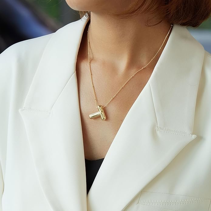 Inerney Valentines Day Gifts Gold Bubble Letter Necklace Initial Necklaces for Women, Chunky 14K Plated Balloon Initials, Trendy Charm Non Tarnish Custom Name Pendant Jewelry Gifts for Mom