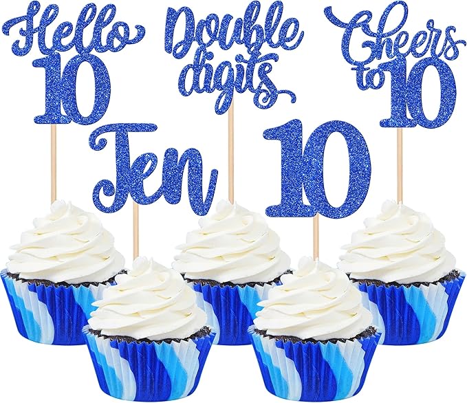 30PCS Happy 10th Birthday Cupcake Toppers Glitter Ten Double Digits Hello 10 Cupcake Picks Cheers to 10 Birthday Decorations for 10th Birthday Anniversary Party Cake Decorations Supplier Blue