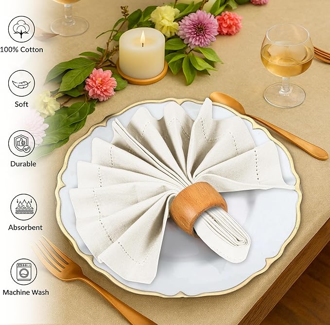 Ruvanti Cloth Napkins - 100% Cotton Dinner Napkins, Hem Stitched Corners, 18x18 Inch, 12 Pack - Soft, Absorbent, Durable, Reusable, Wrinkle Resistant for Formal Dining & Everyday Use - Antique White