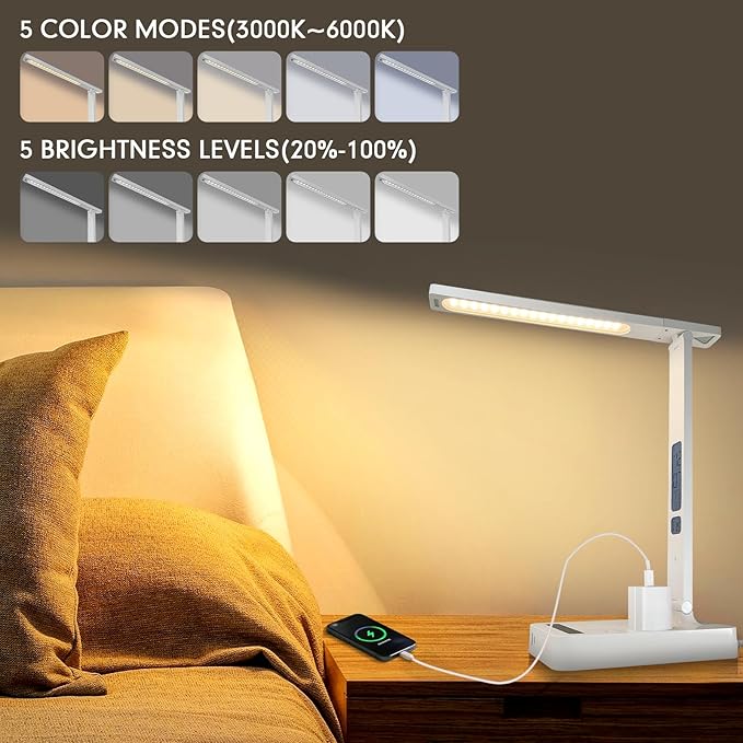 karidi Smart Desk Lamp with Digital Clock, 4-in-1 Charging Station (2 AC Outlets, Type-C, USB-A Ports), Temperature Display, 5 Color & Brightness Settings, Ideal for Offices & Bedrooms