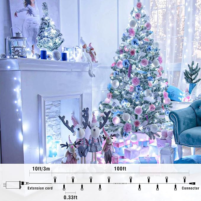 100FT 300 LED Christmas Lights Outdoor, Plug in Christmas String Lights Indoor, Waterproof & 8 Modes & Timer Function, Connectable Fairy Twinkle Light for Bedroom Patio Wedding Party Decor, White