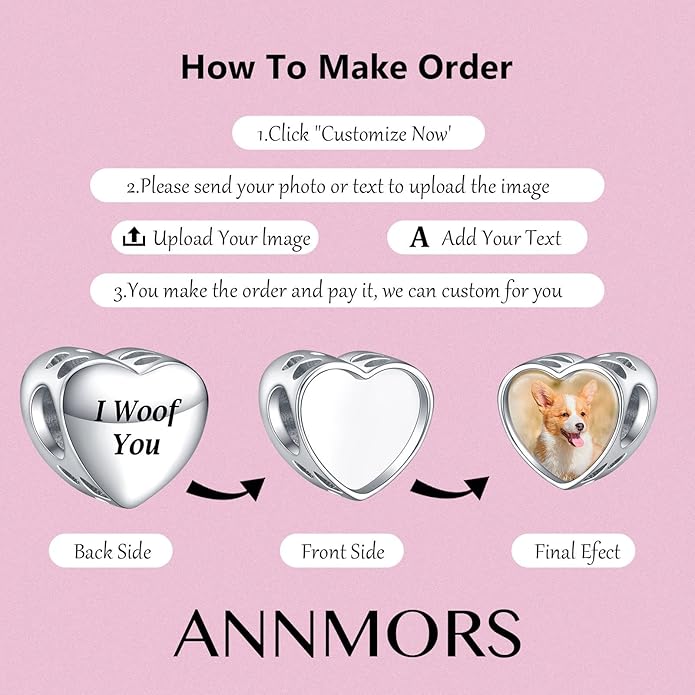 Annmors Personalized Photo Charms For Bracelets/Necklace 925 Sterling Silver Love Heart Shaped Engraved Customize Picture Gift for Birthday Mother's Day,Bead Charms Jewelry for Women