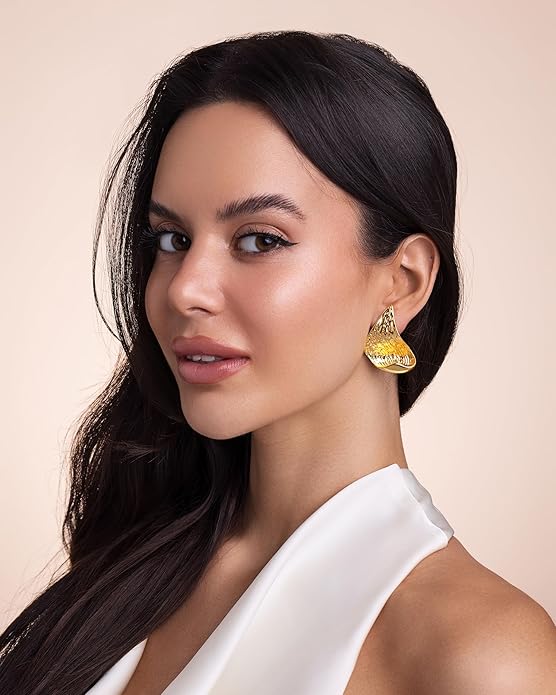 SNGIA18K Gold Plated Dangle Textured Ribbed Irregular Large Leaf Statement Earrings for Women by SNGIA, Handmade Dramatic Geometric Trendy Summer Drop Leaf Flower Jewelry Gifts, Bold Beachy Vintage Plant Fashion Drop Accessories, Vintage Nickle Free Fl...