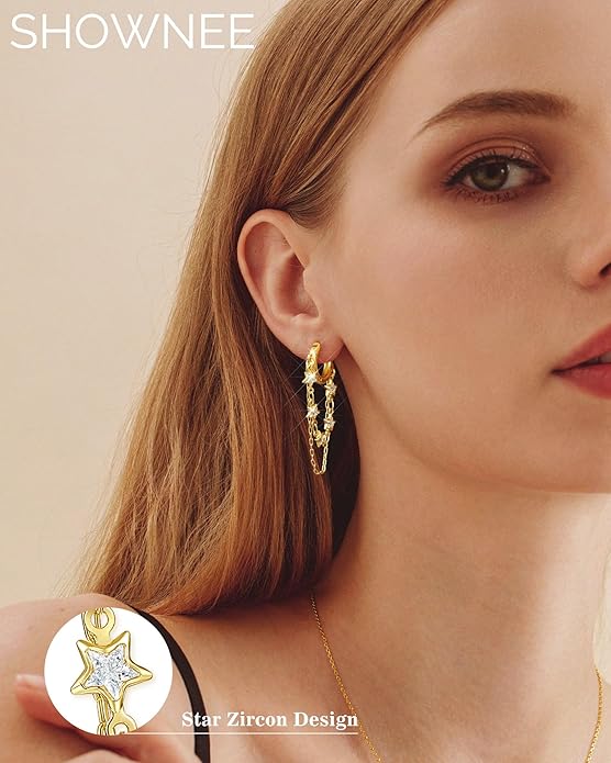 Tassel Chain Small Gold Hoop Dangle Earring For Women Huggie Earring Heart Star CZ 14K Gold Plated Fashion Jewelry Friendship Gift