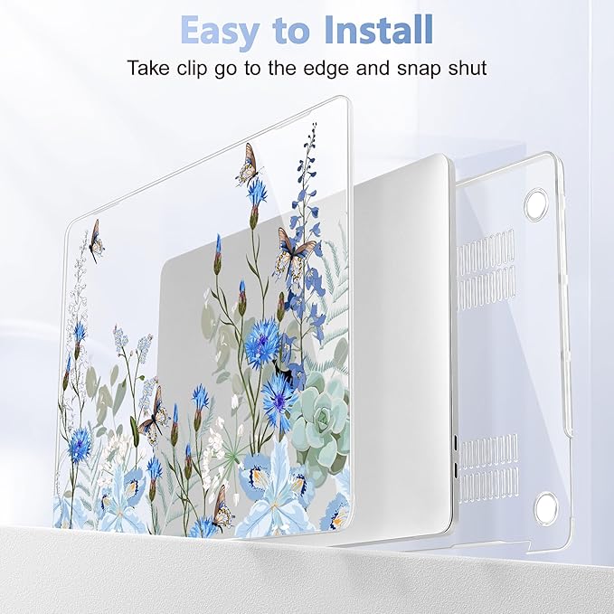 May Chen Compatible with MacBook Pro 13 inch Case with Touch Bar 2022 2021 2020 Release A2338 M1/M2 A2251 A2289, Plastic Hard Shell Case with Keyboard Cover + Dust Plug, Blue Flowers Leaves