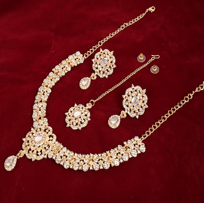 Touchstone Indian jewelry sets for women gold wedding tikka necklace set guest costume fancy bridal jewellery rhinestone crystal elegant formal prom evening wear dainty accessories