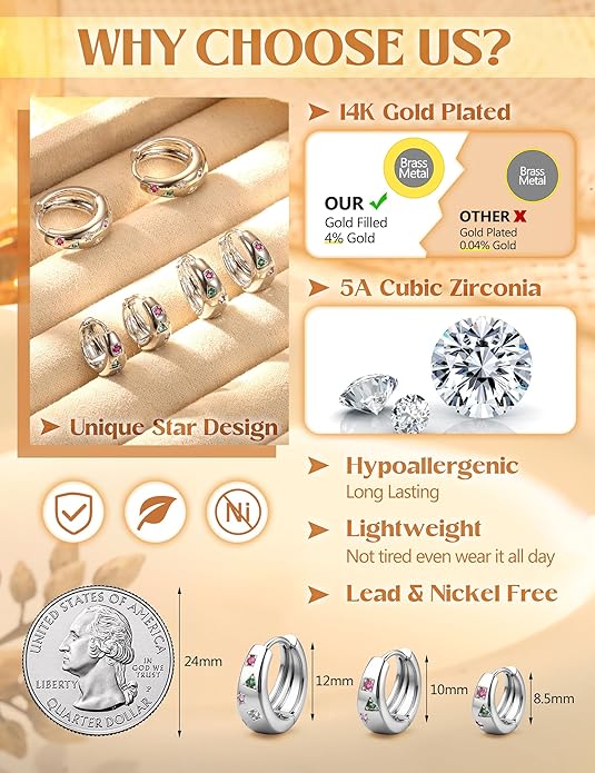 14K Gold Plated Hoop Earrings Set for Women - 3Pairs Chunky 14K Gold Plated Silver Huggie Earrings Small Earrings Lightweight Hypoallergenic MultiColored CZ Hoop Earrings Stacks for Multiple Piercing