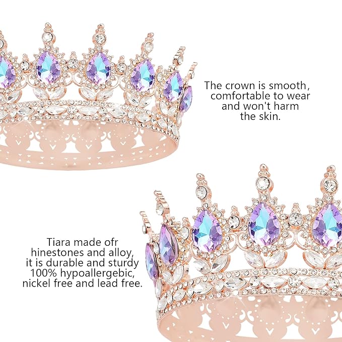 Queen Crown Rhinestone Wedding Crowns and Tiaras for Women Costume Party Hair Accessories Princess Birthday Crown Crystal Bridal Crown (Rose Gold Crown-Violet)