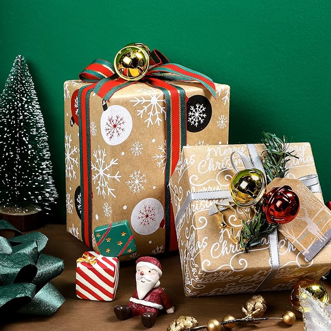 RUSPEPA Christmas Wrapping Paper, Kraft Paper - Santa Claus, Snowflake, Christmas Ball and Merry Christmas - 4 Rolls - 30 inches x 10 feet per Roll