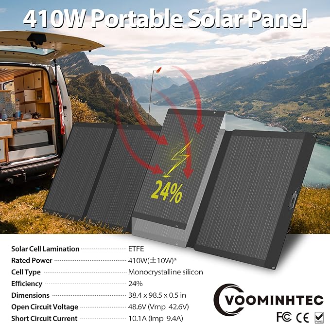 410W 42V ETFE Portable Solar Panel, IP68 Waterproof Foldable 24% High Efficiency, Ultra-Light Solar 4 Kickstands fo Power Station RV Camping
