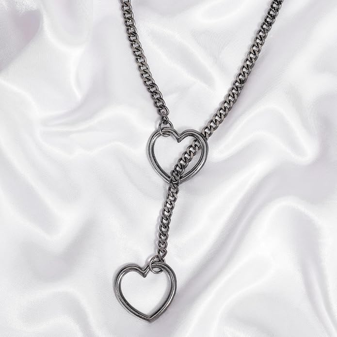 Heart Slip Chain Choker for Women, Cuban Chain Y-shape Necklaces Punk Rock Collar Black Chains Necklace, Adjustable Gothic Choker Necklace for Women